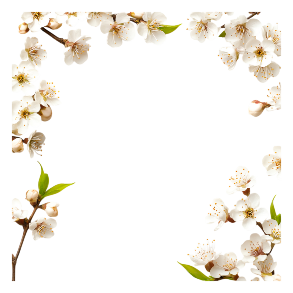Delicate White Blossoms Framed by Branches and Green Leaves png