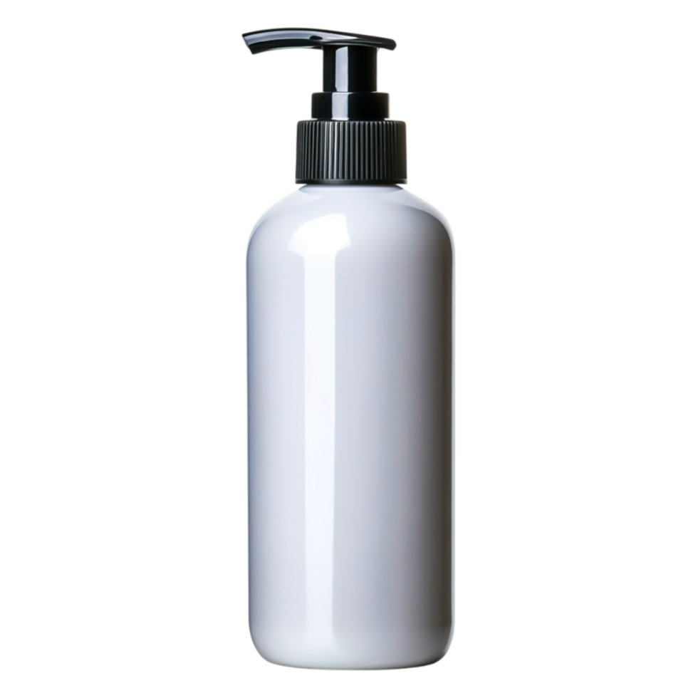 White Pump Bottle for Lotion or Shampoo with Black Lid and Glossy Finish png