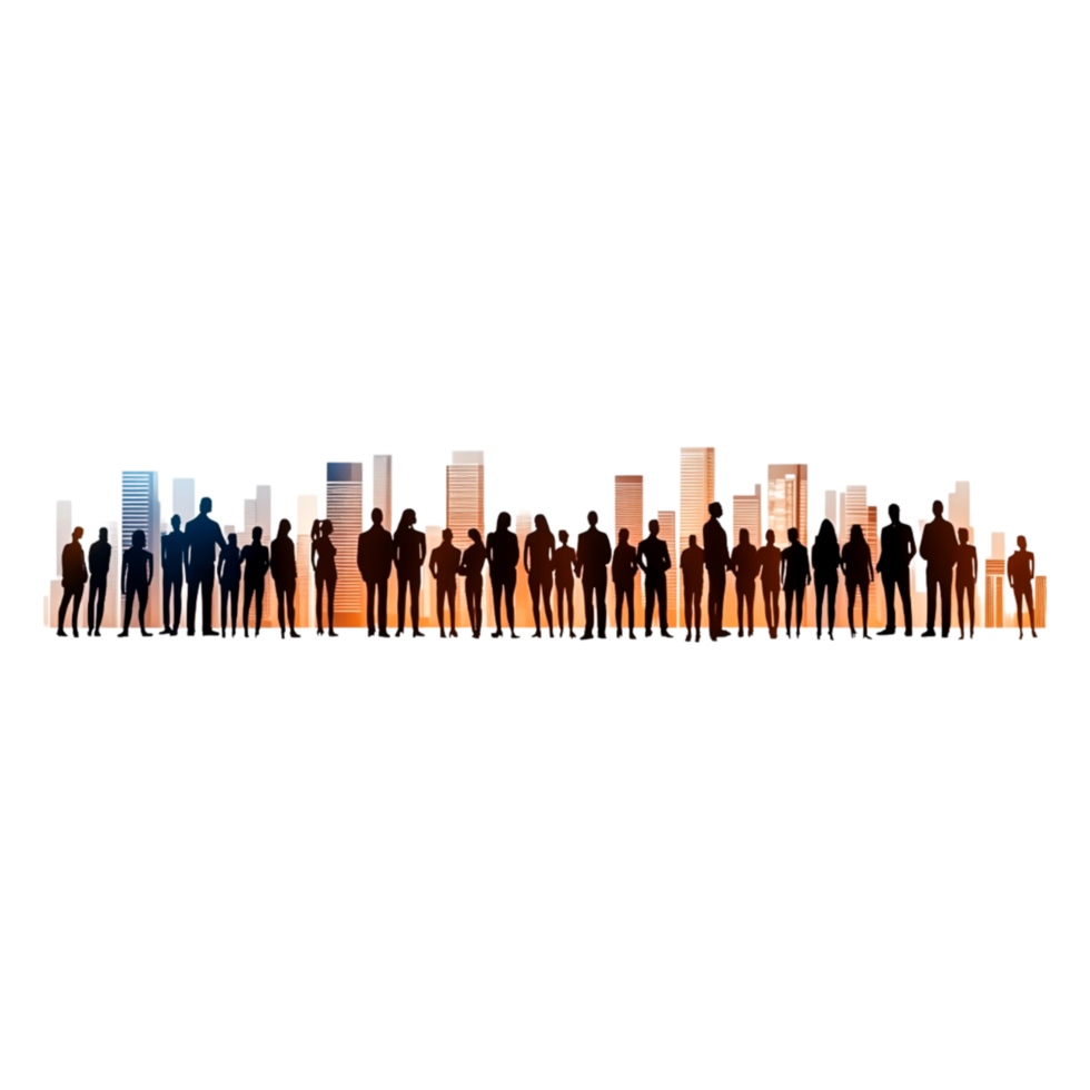 Silhouettes of Diverse People Against a City Skyline at Sunset png