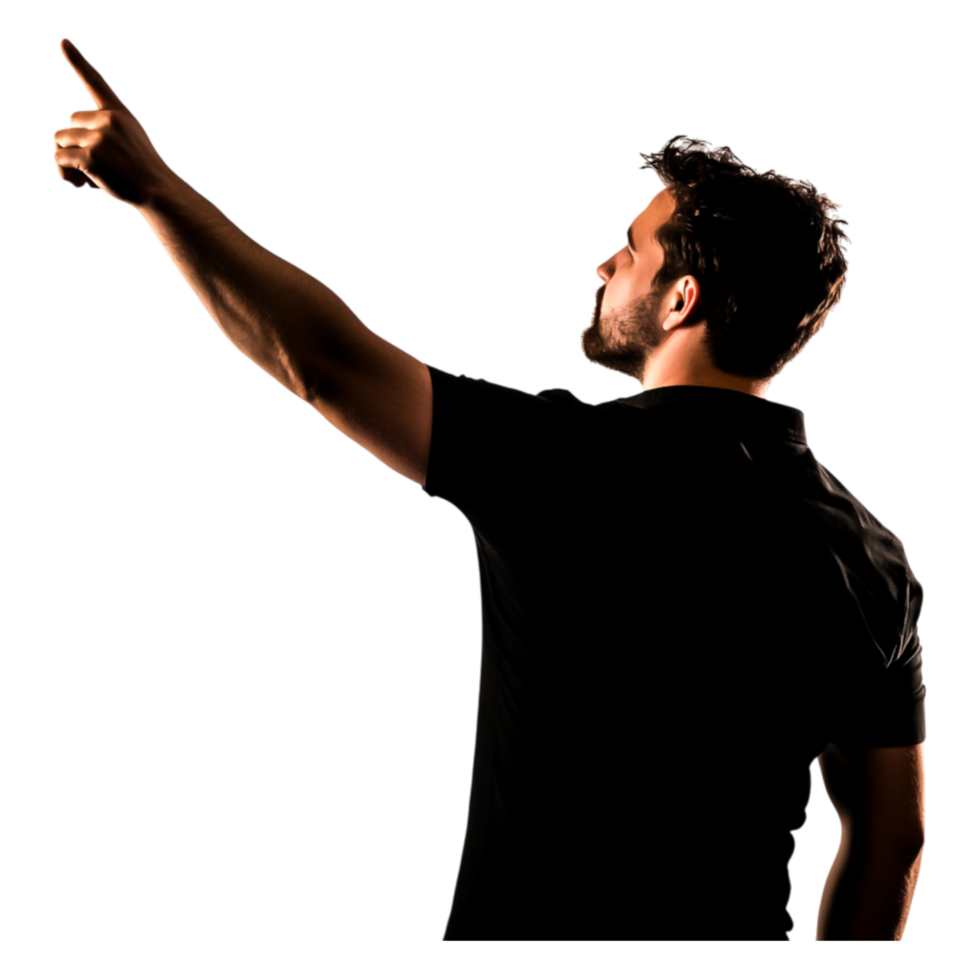 Man Pointing Upward with Determination Against a Dark Background png