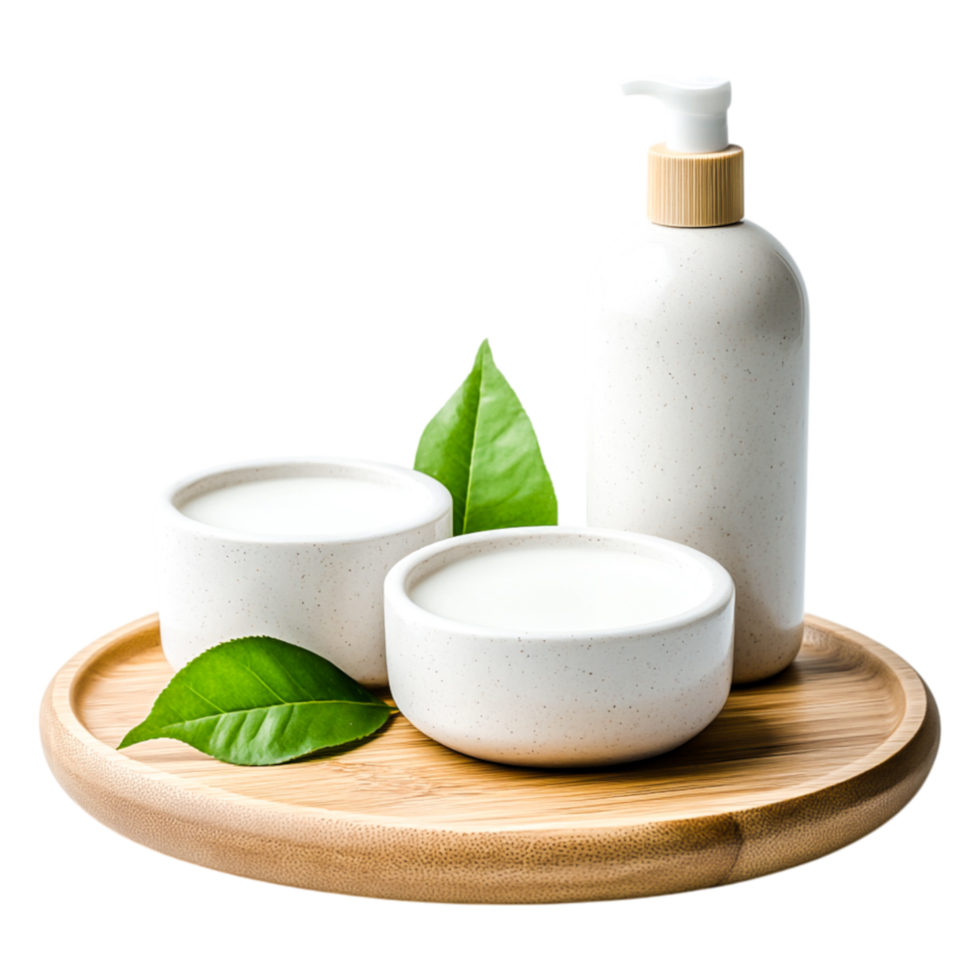 Natural Skincare Products on a Wooden Tray with Green Leaves png