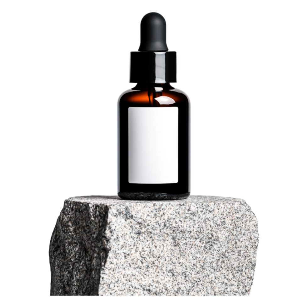 Amber Glass Dropper Bottle with Blank Label on Stone Surface png