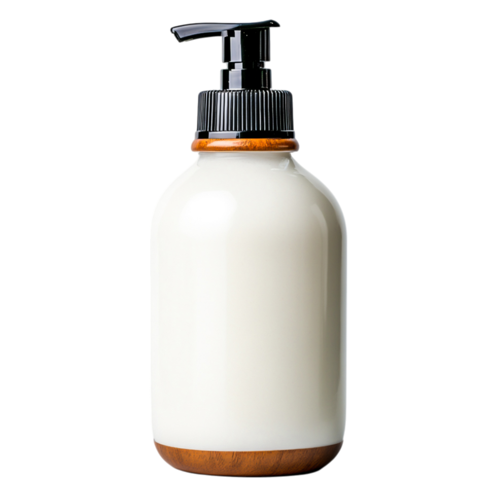 White Lotion Bottle with Pump Top and Wooden Base for Spa Use png