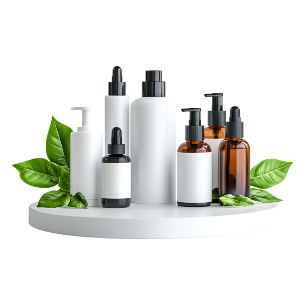 Various Skincare Products on Round Display with Green Leaves png