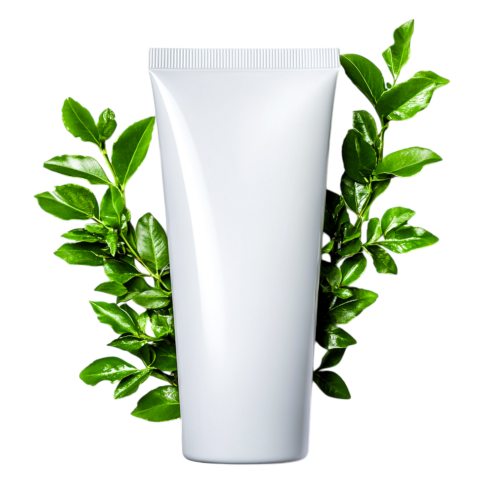 White Cosmetic Tube Surrounded by Green Leaves Isolated on White png