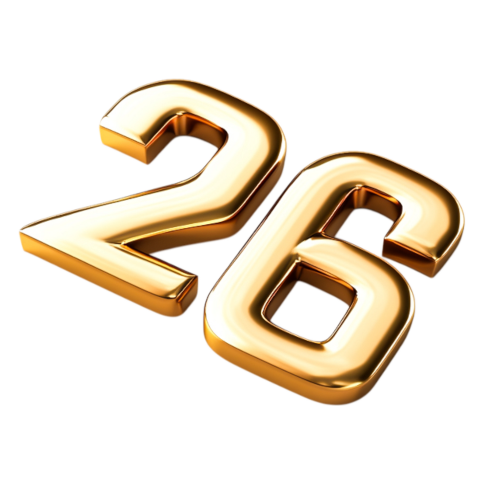Golden Three-Dimensional Number Twenty-Six with Glossy Finish png