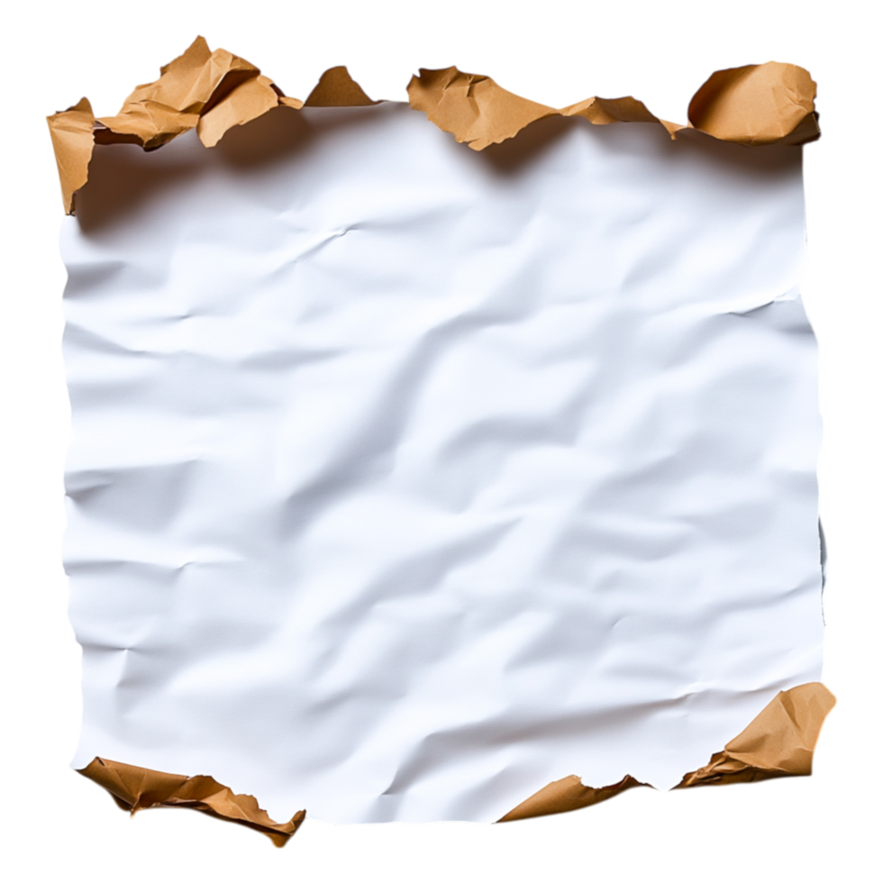 Crumpled White Paper with Torn Edges on Brown Background Texture png