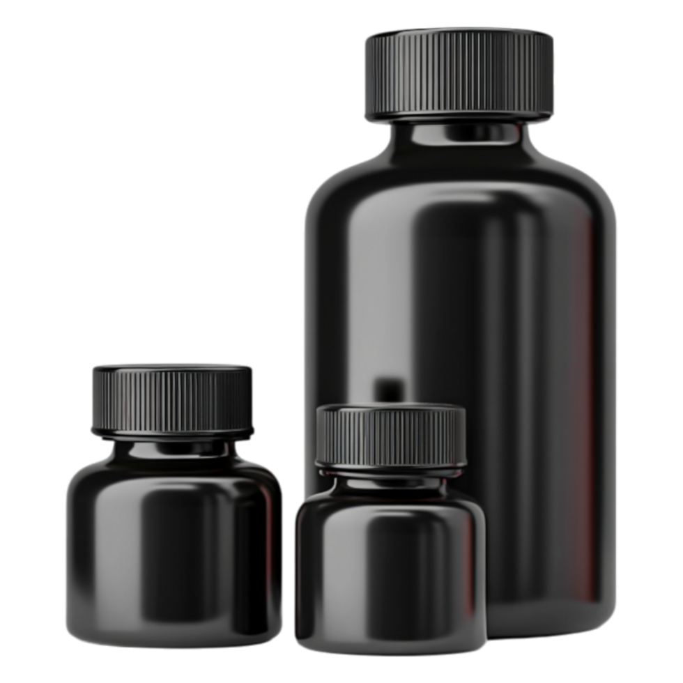 Three Stylish Black Bottles with Screw Tops on a png
