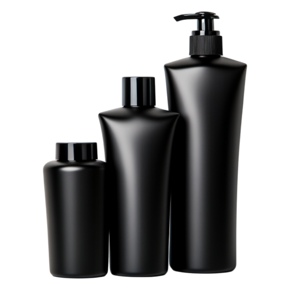Glossy Black Cosmetic Bottles in Various Sizes for Product Display png
