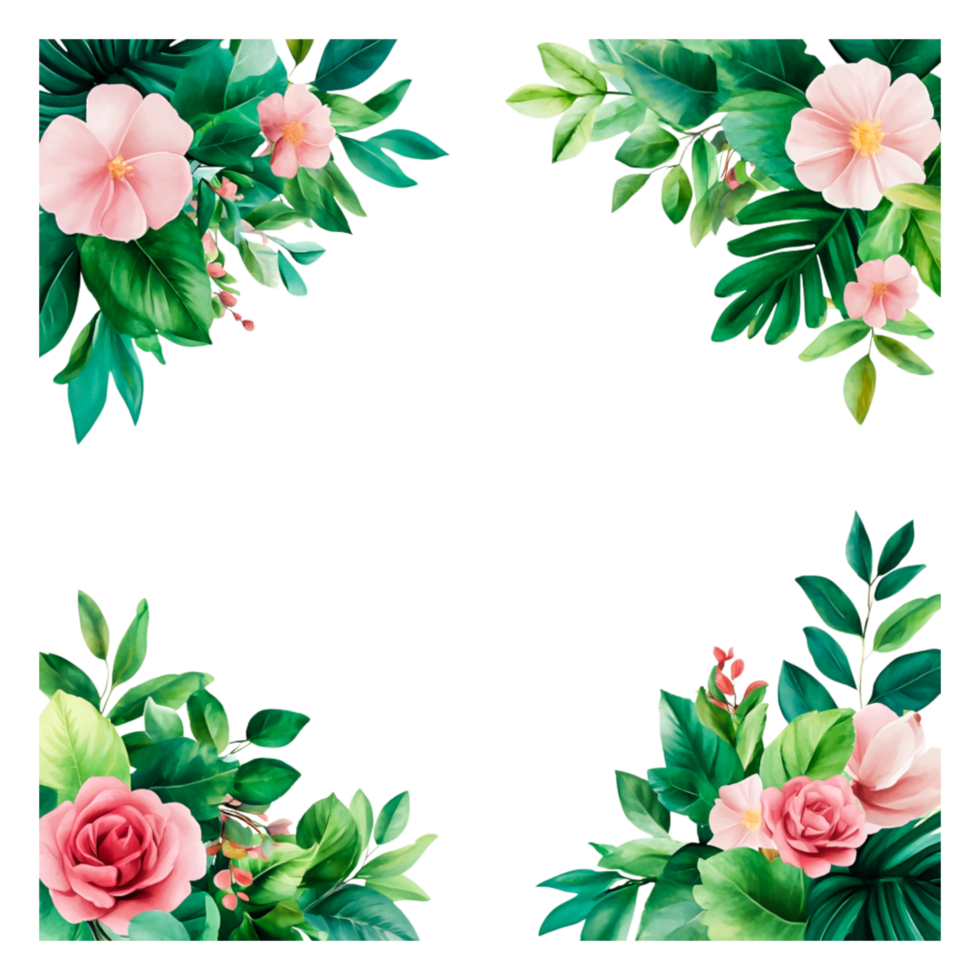 Floral Corner Border Design with Pink Flowers and Green Leaves png