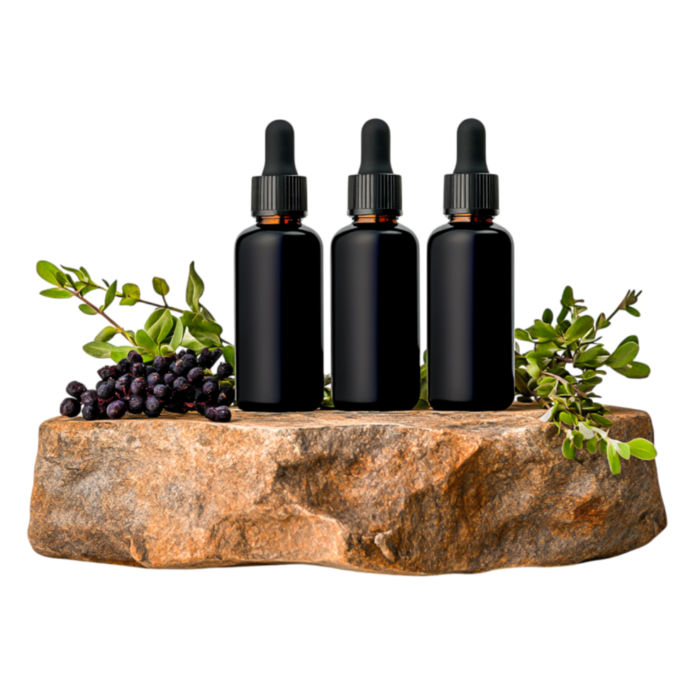Elegant Display of Amber Glass Bottles with Natural Elements png