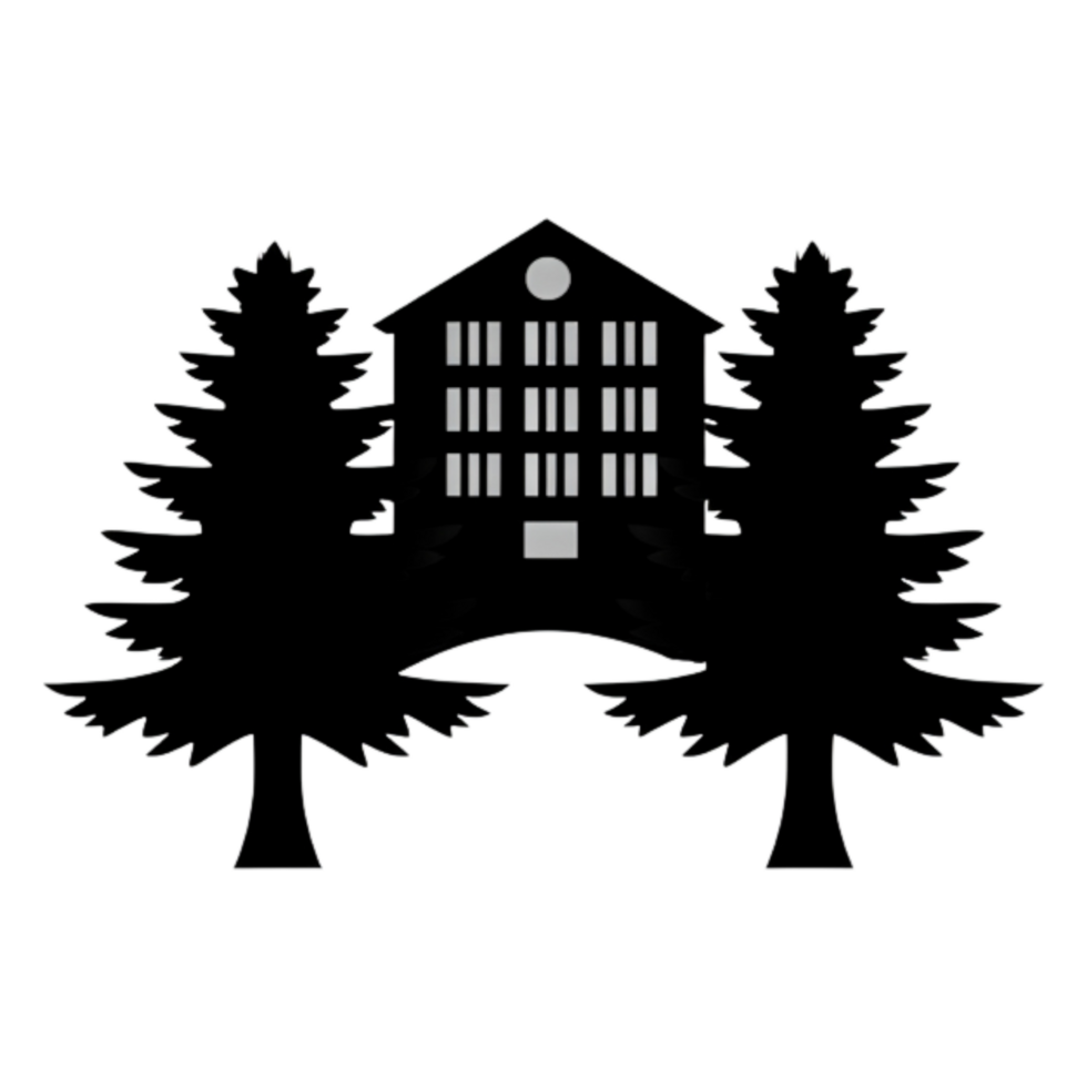 Minimalist Black and White House Silhouette with Pine Trees png