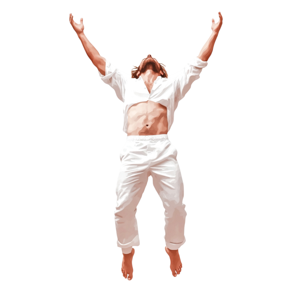 Energetic Man Performing Strong Leap with Open Arms in White Outfit png