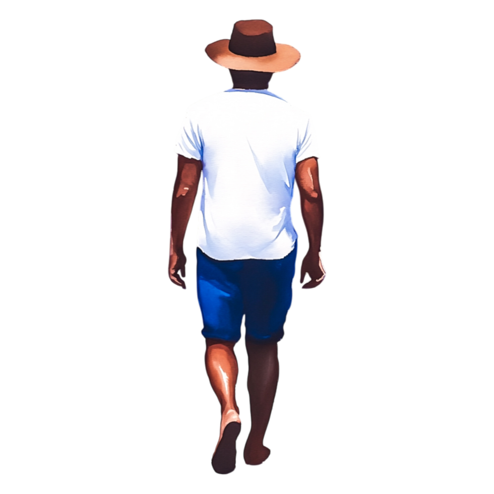 Man Walking on Beach in Summer Attire with Straw Hat and Shorts png