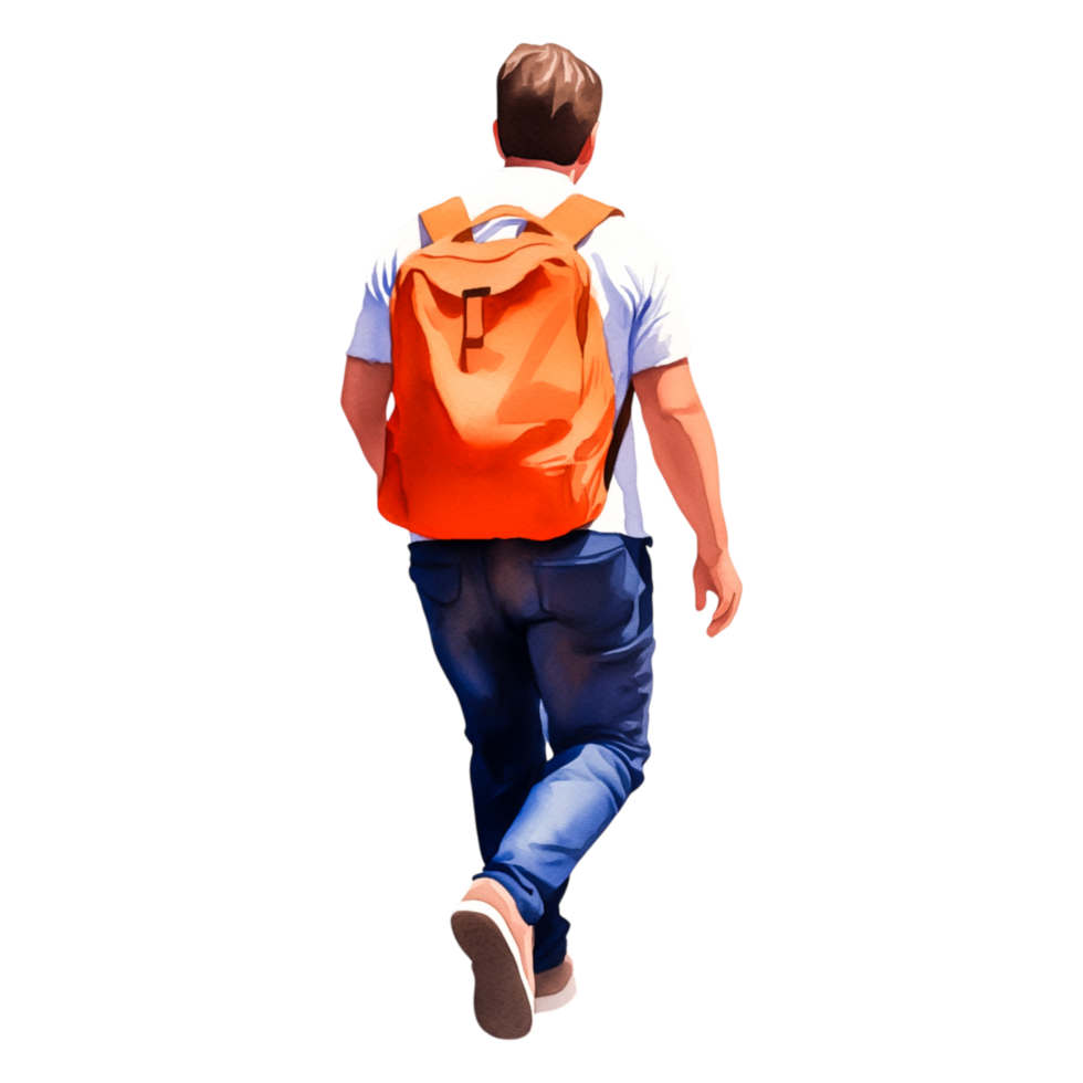 Young Man Walking Away with Backpack in Urban Setting png