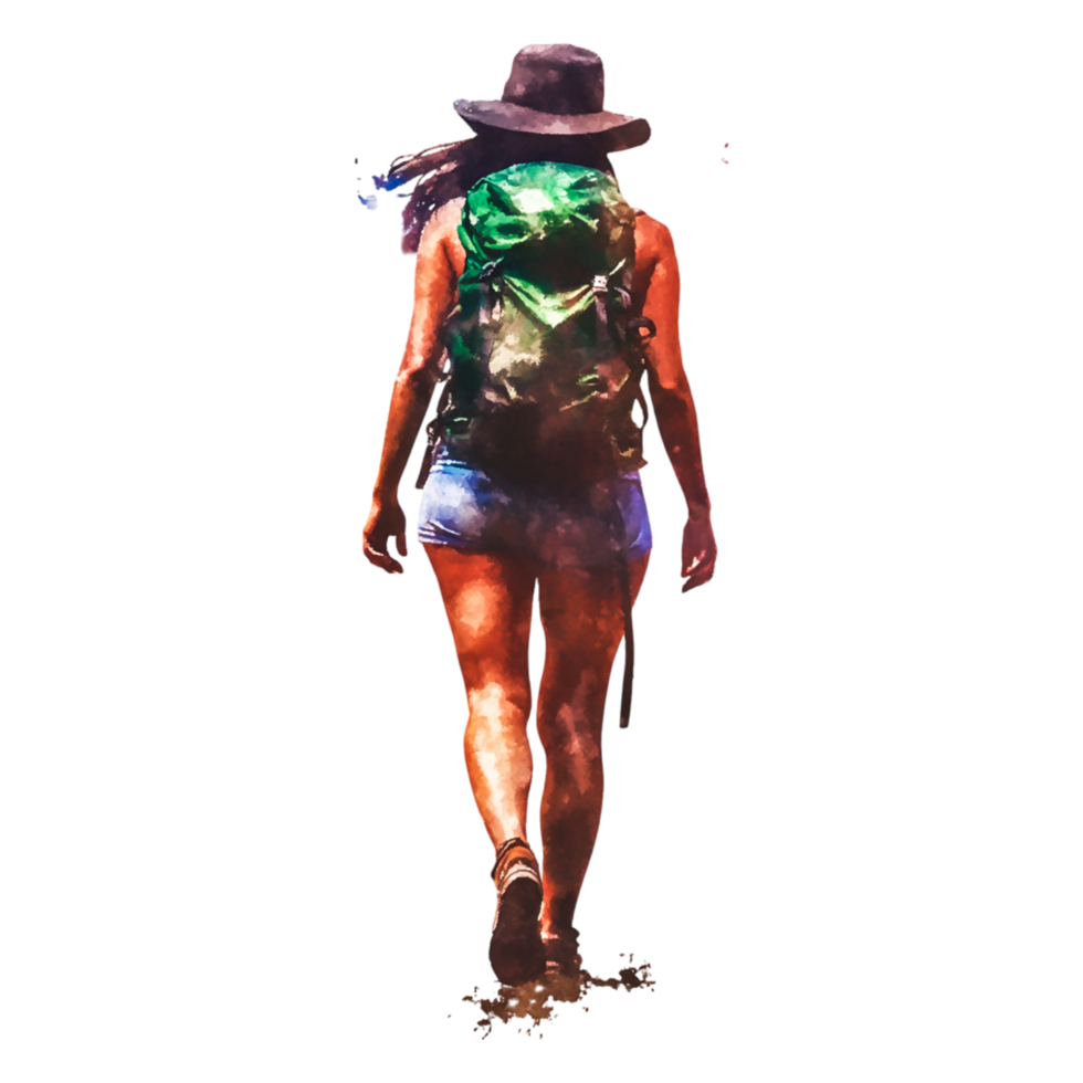 Female Hiker Walking Outdoors in Nature with Backpack and Hat png