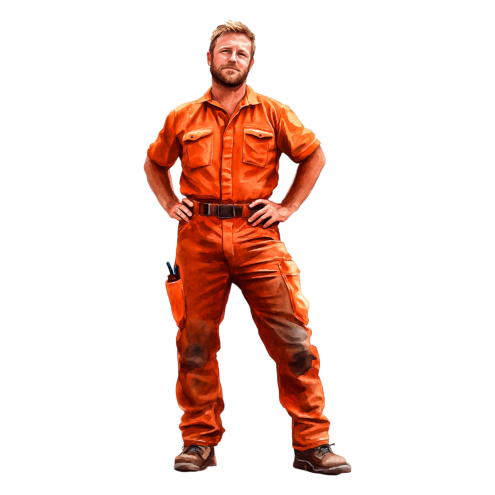Confident Construction Worker in Bright Orange Uniform Posing Outdoors png
