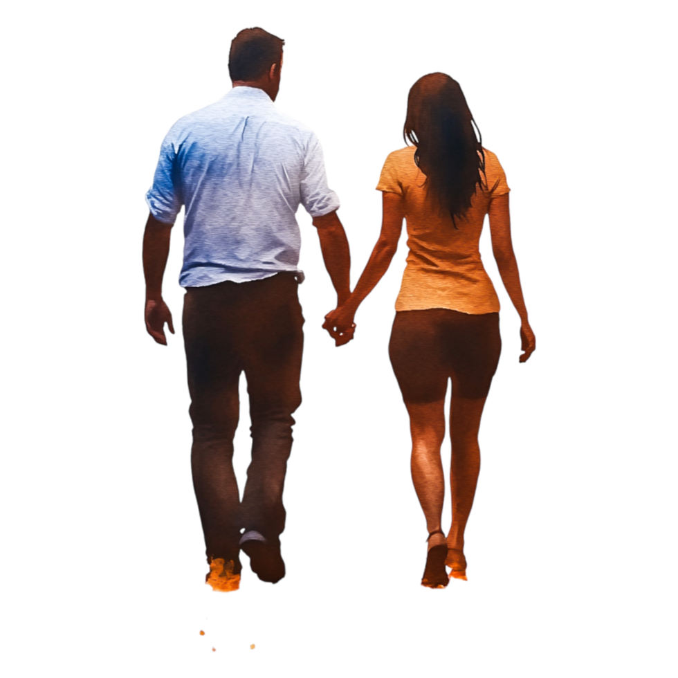 Romantic couple walking hand in hand on a sunny day outdoors png