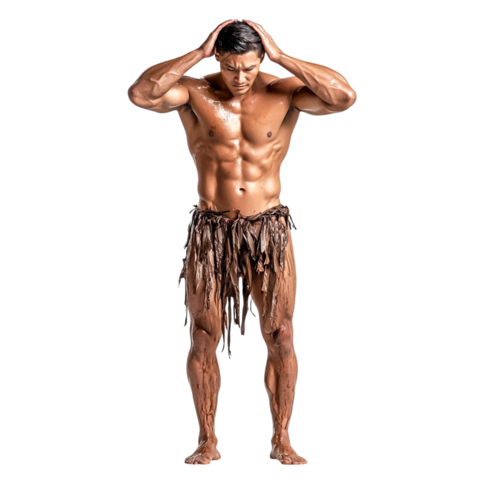 Muscular Man Posing with Body Paint and Tribal Attire png