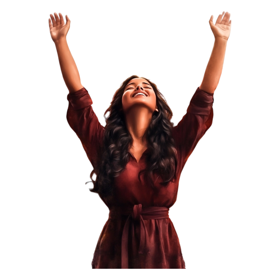Woman Celebrating Success with Outstretched Arms and Joyful Expression png