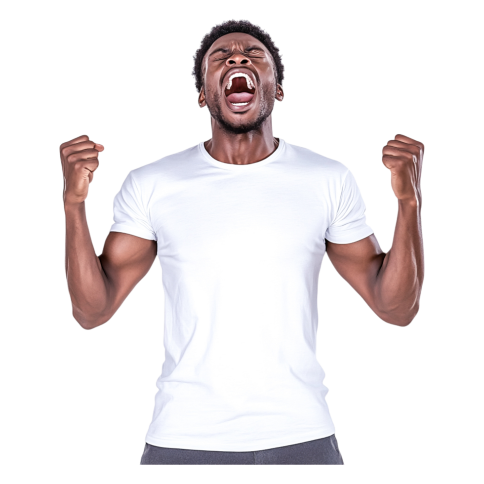 Man Expressing Intense Emotion with Shouting Gesture in White Shirt png