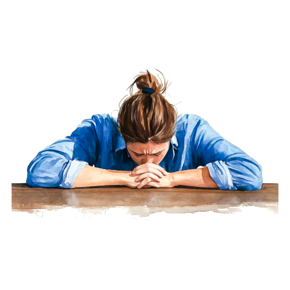 Young Woman in Blue Shirt Clutching Her Forehead in Discomfort png