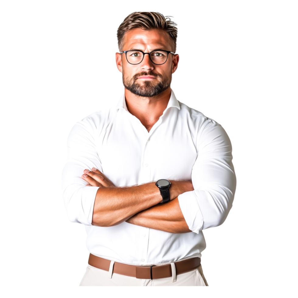 Confident businessman wearing glasses in a casual white shirt pose png