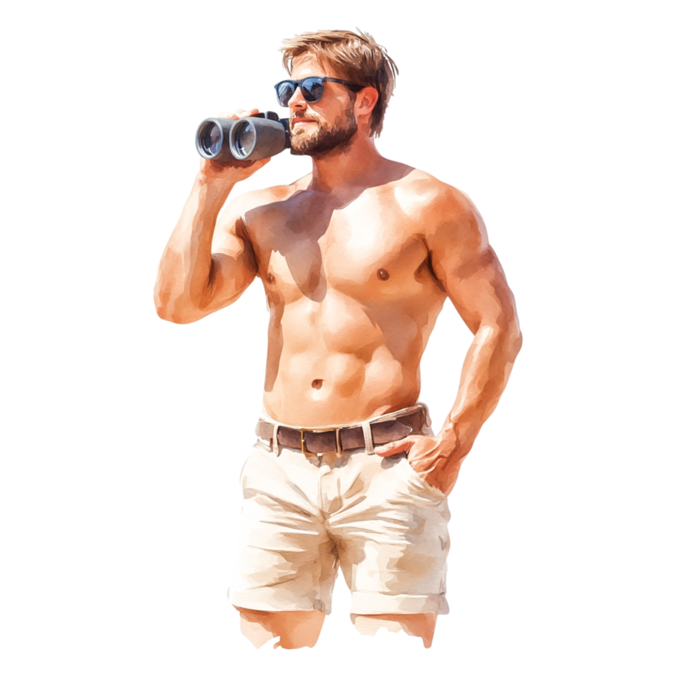 Muscular Man with Sunglasses Enjoys Refreshing Beverage Outdoors png