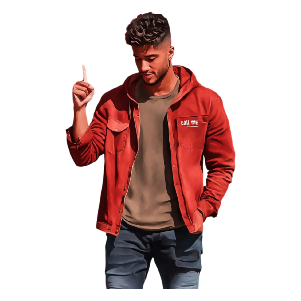 Young Man Wearing Red Jacket Pointing Upwards with Confidence png