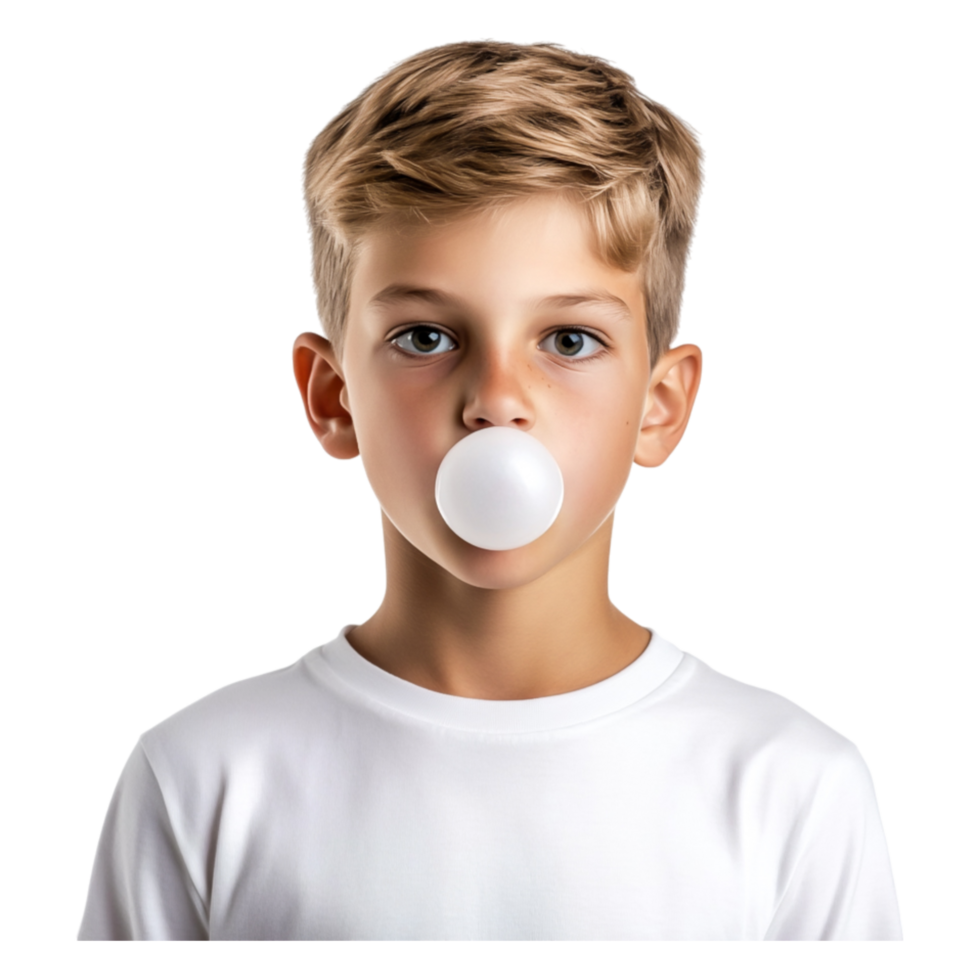Young Boy Blowing Bubble Gum with Expression of Joy and Surprise png