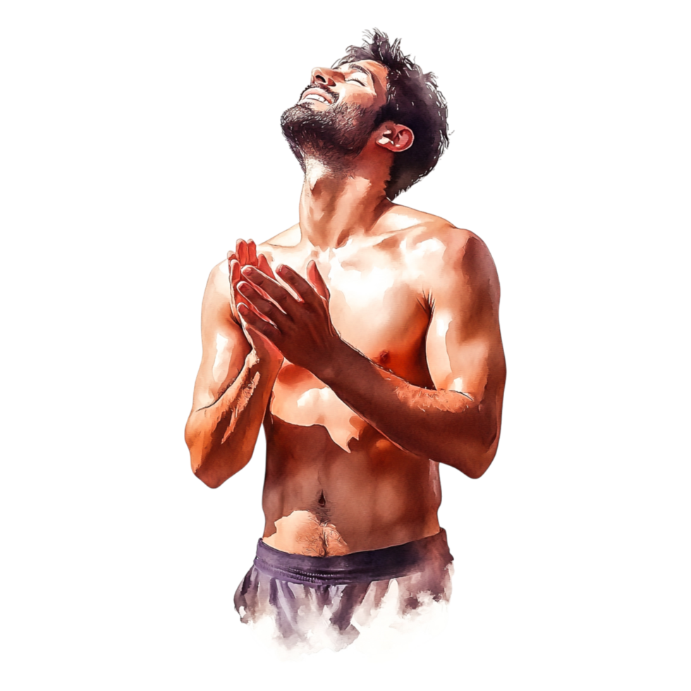 Joyful young man expressing gratitude with raised hands and smile png