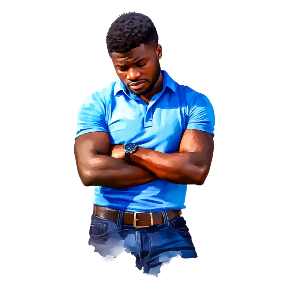 Thoughtful man in blue polo shirt with arms crossed and serious expression png