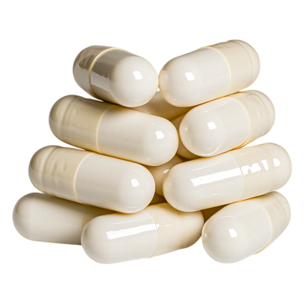 White Capsules Stacked in Pile on Solid Background for Health Use png