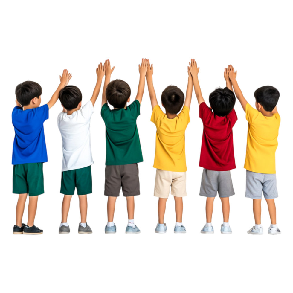 Diverse Group of Children Raising Hands in Joyful Celebration Outdoors png