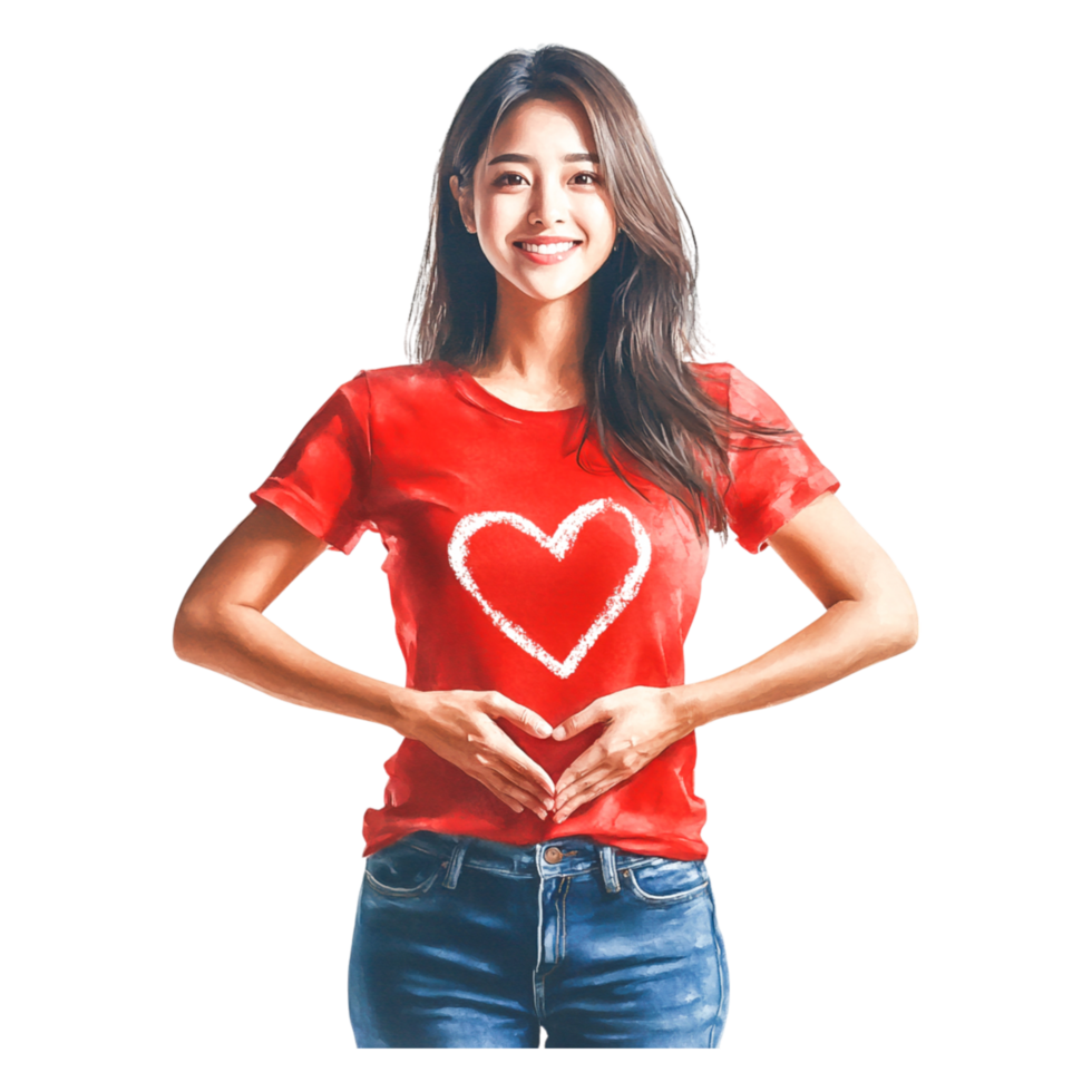 Woman in Red Shirt Making Heart Shape with Hands and Smiling png