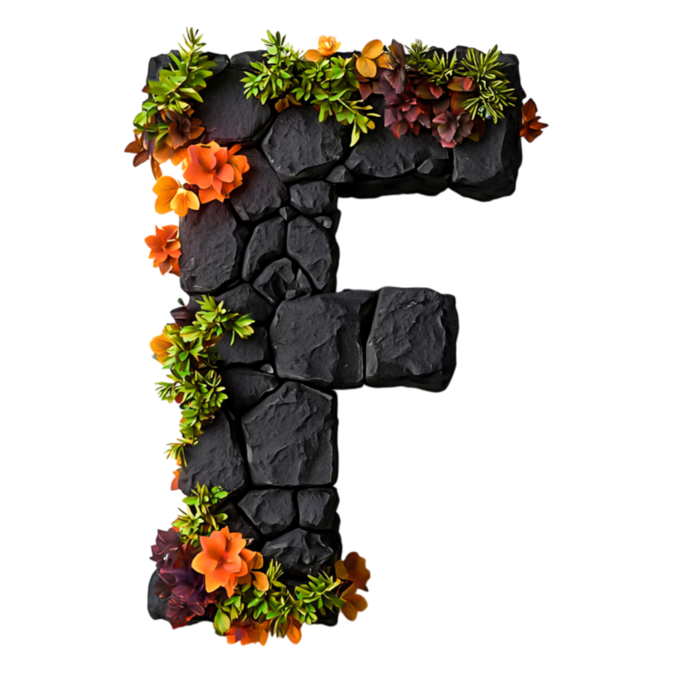 Floral and Stone Letter F Design with Colorful Natural Accents png