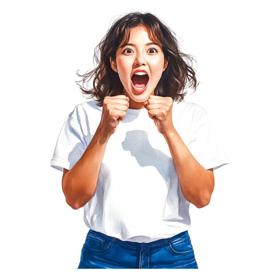Excited Woman Celebrating with Joyful Expression and Fist Pump png
