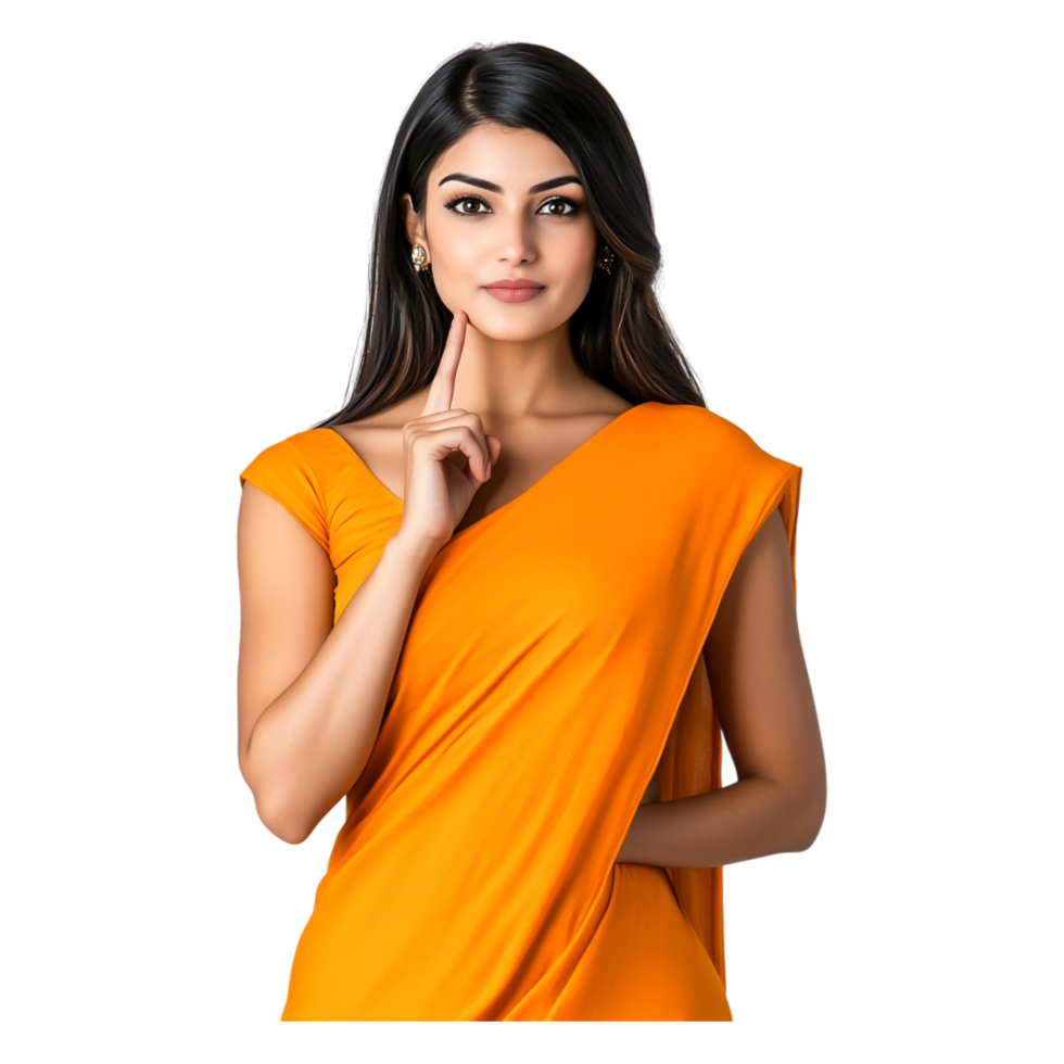 Thoughtful woman in vibrant orange attire with a finger on her chin png