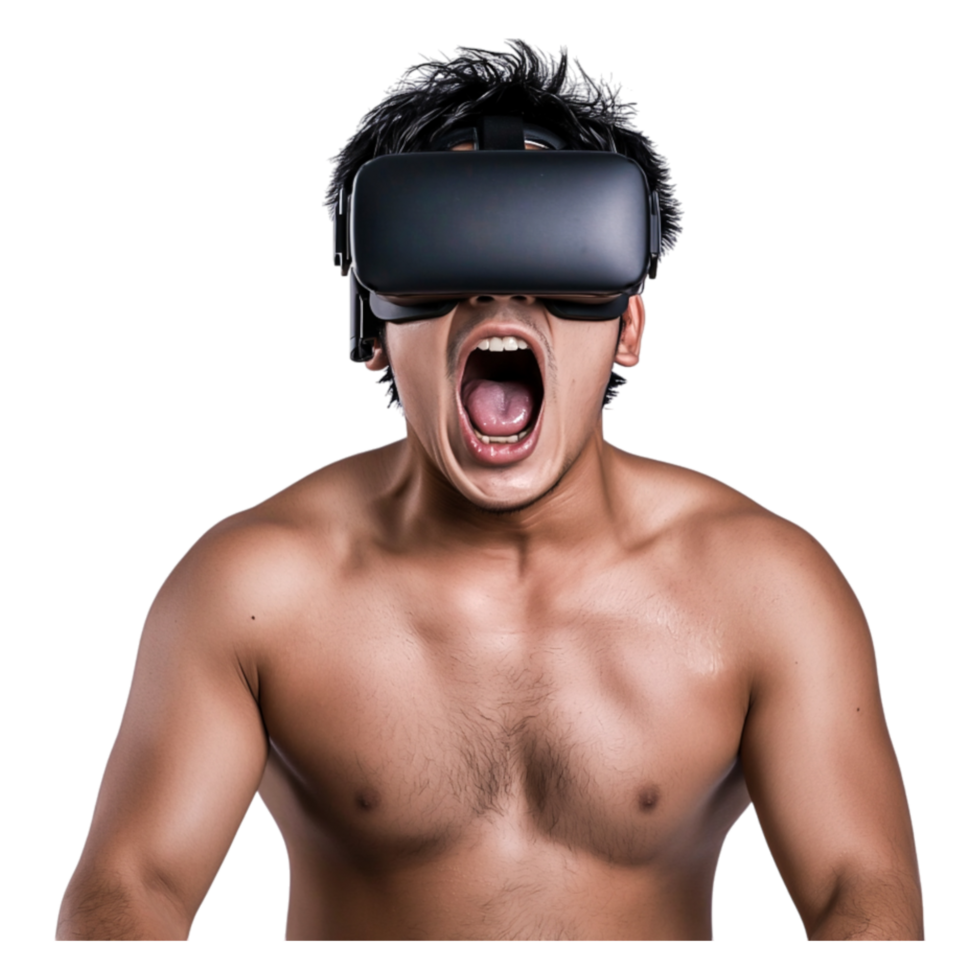 Excited Young Man Wearing Virtual Reality Headset with Open Mouth png
