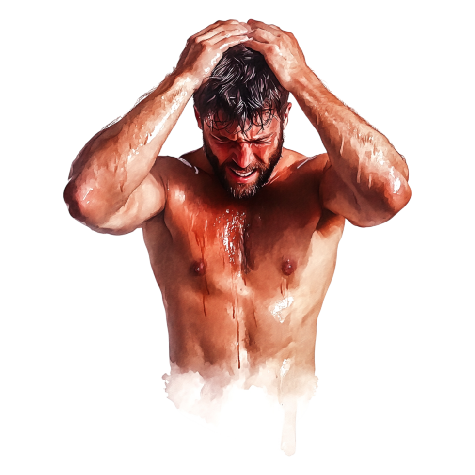 Intense Man under Shower with Water Dripping from Body png