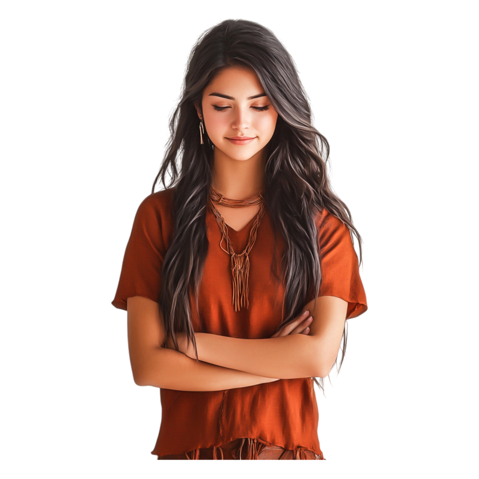 Young woman with long hair wearing earthy colors and natural vibe png