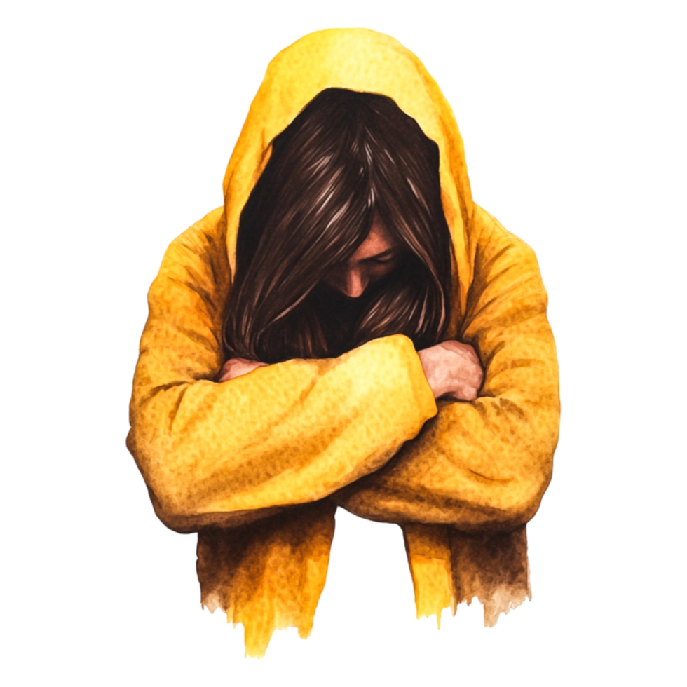 Depressed Individual in Yellow Coat with Head Down and Sad Expression png