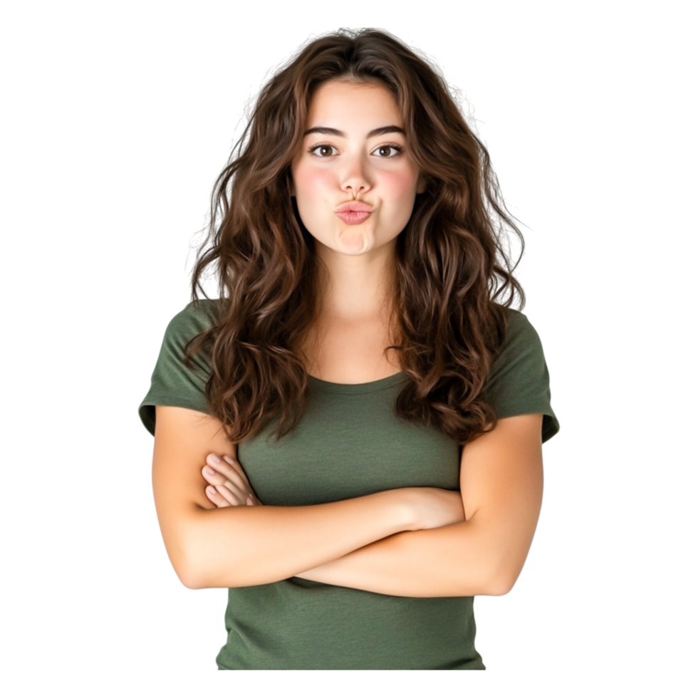 Young Woman with Wavy Hair Making a Funny Face in Casual Setting png