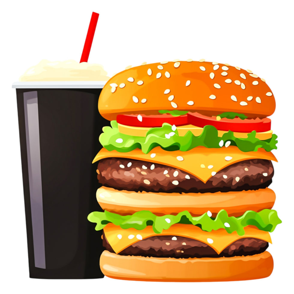 Delicious Burger with Cheese and Soft Drink in Fast Food Style png