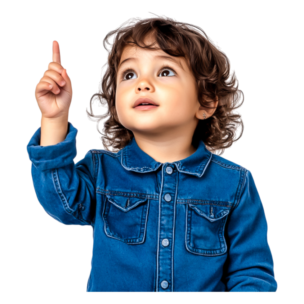 Curious Child Pointing Upward in Denim Jacket with Happy Expression png