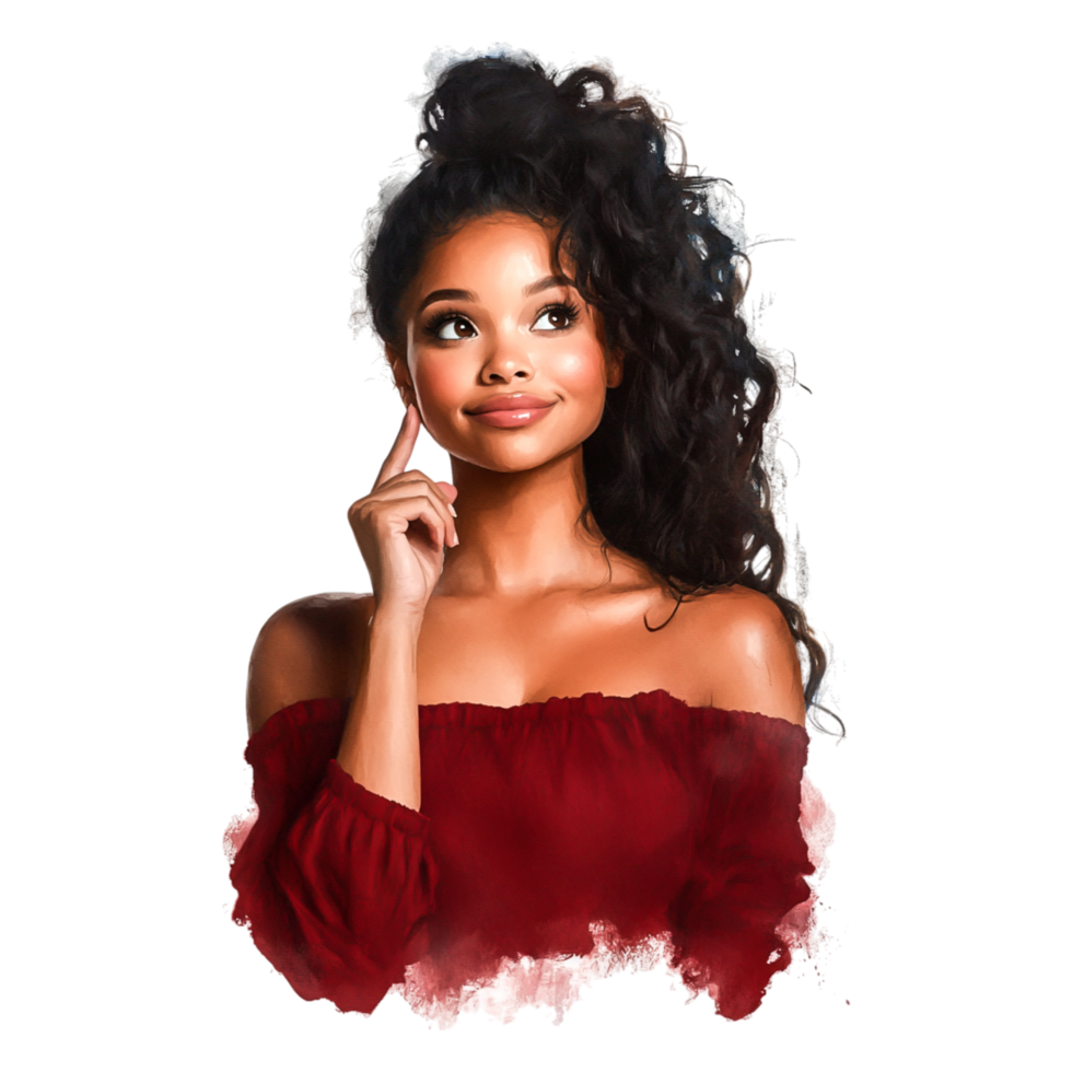 Thoughtful young woman with curly hair in red off-shoulder top png