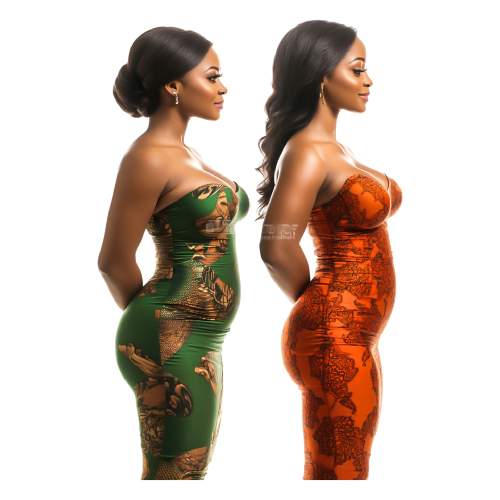 Elegant Women in Colorful Dresses Posed Back to Back with Style png