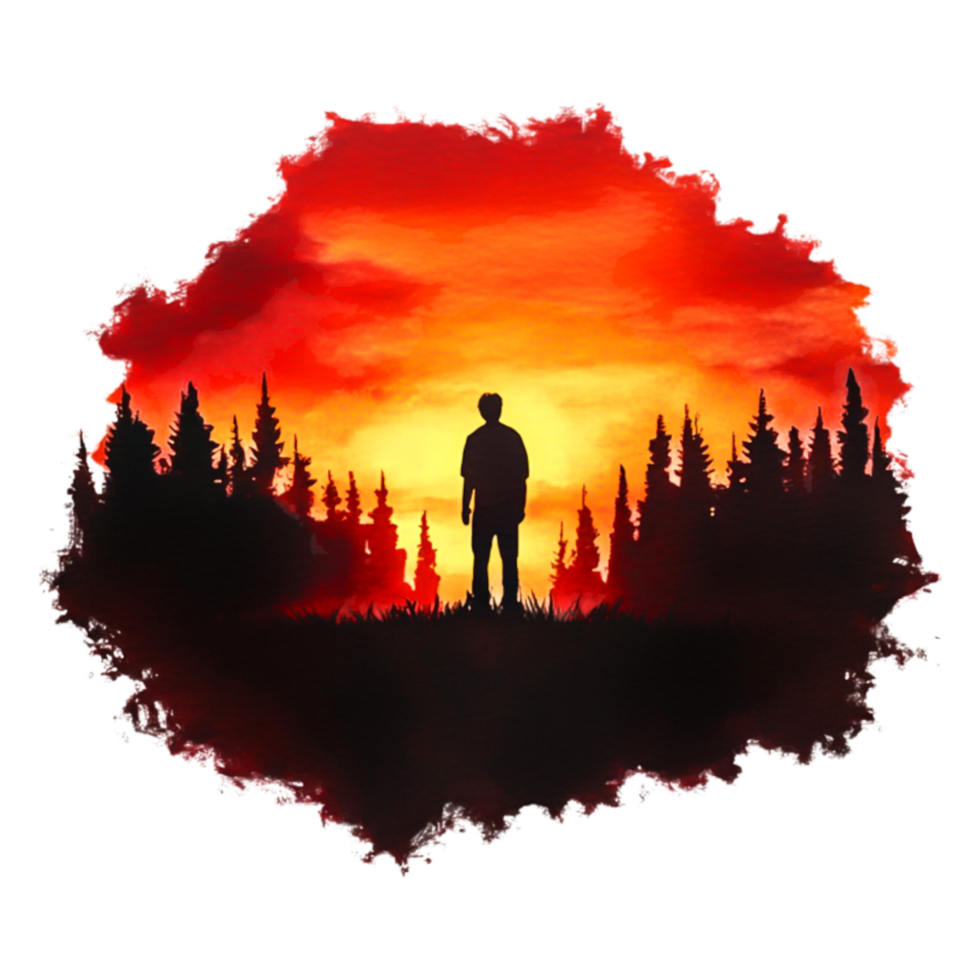 Silhouette of a Person Against a Dramatic Sunset with Forest Background png