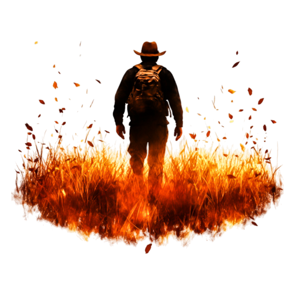 Man in Hat Walking Through Flames Surrounded by Nature and Ashes png