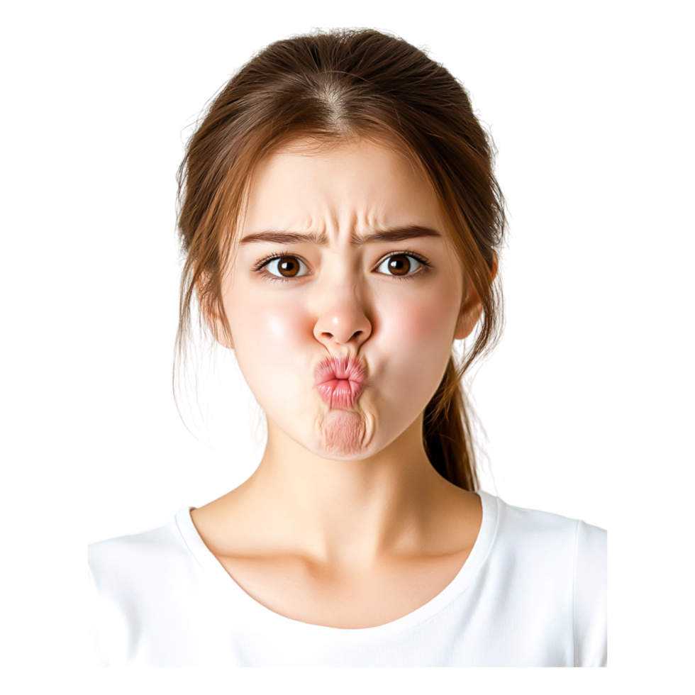 Young Woman Making Funny Face with Puffed Cheeks in Studio Light png